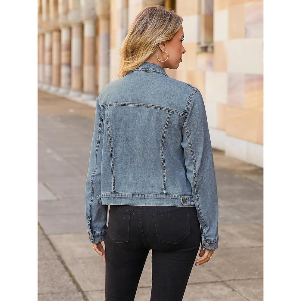 Women's Jean Jacket Long Sleeve Denim Jacket Button Down with Pockets Wash Blue - Picture 5 of 6
